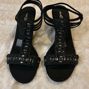 East 5th black dress shoes/sandals with black/white rhinestones.